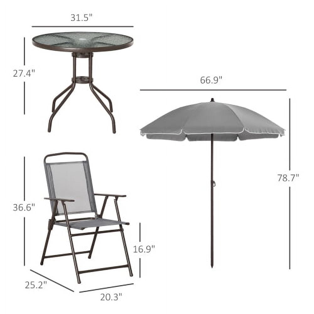 5 Piece Patio Dining Set with Umbrella, Outdoor Dining Set for 4 with 4 Folding Chairs and Round Tempered Glass Table, Backyard Garden Poolside Patio Furniture, Gray