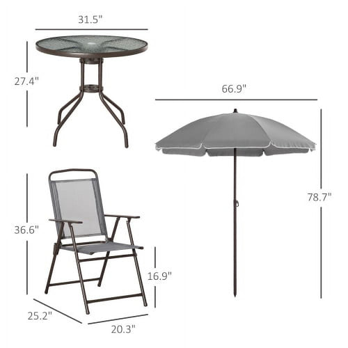5 Piece Patio Dining Set with Umbrella, Outdoor Dining Set for 4 with 4 Folding Chairs and Round Tempered Glass Table, Backyard Garden Poolside Patio Furniture, Gray