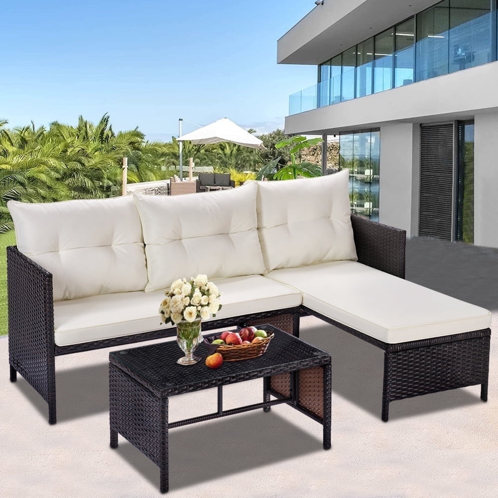 3 Piece Patio Furniture Set, All-Weather Outdoor Sectional Sofa Set, PE Rattan Conversation Set with Table & Cushions, Wicker Furniture Couch Set for Patio Deck Garden Poolside Yard