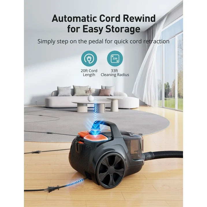 Canister Vacuum Cleaner, 30Kpa Powerful Suction, Bagless with 3.7QT Large Dust Cup, Auto Cord Rewind, HEPA Filter, 5 Attachments, Lightweight Vacuum for Pet Hair, Hard Floors & Car