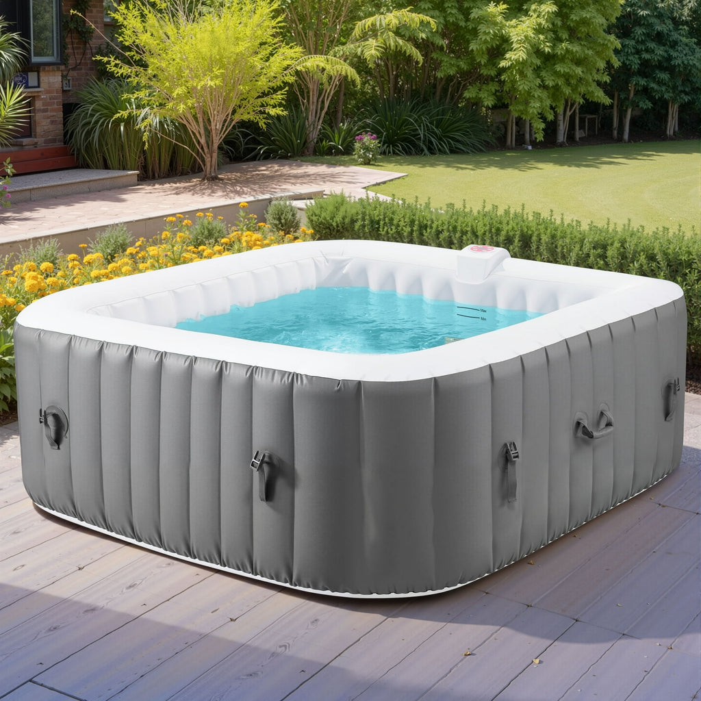4-6 Person Outdoor Portable Inflatable Heated Hot Tub with 130 Bubble Jets, Square Inflatable Heated Pool Spa with Insulated Cover, Insulated Cover and Carry Bag, Gray