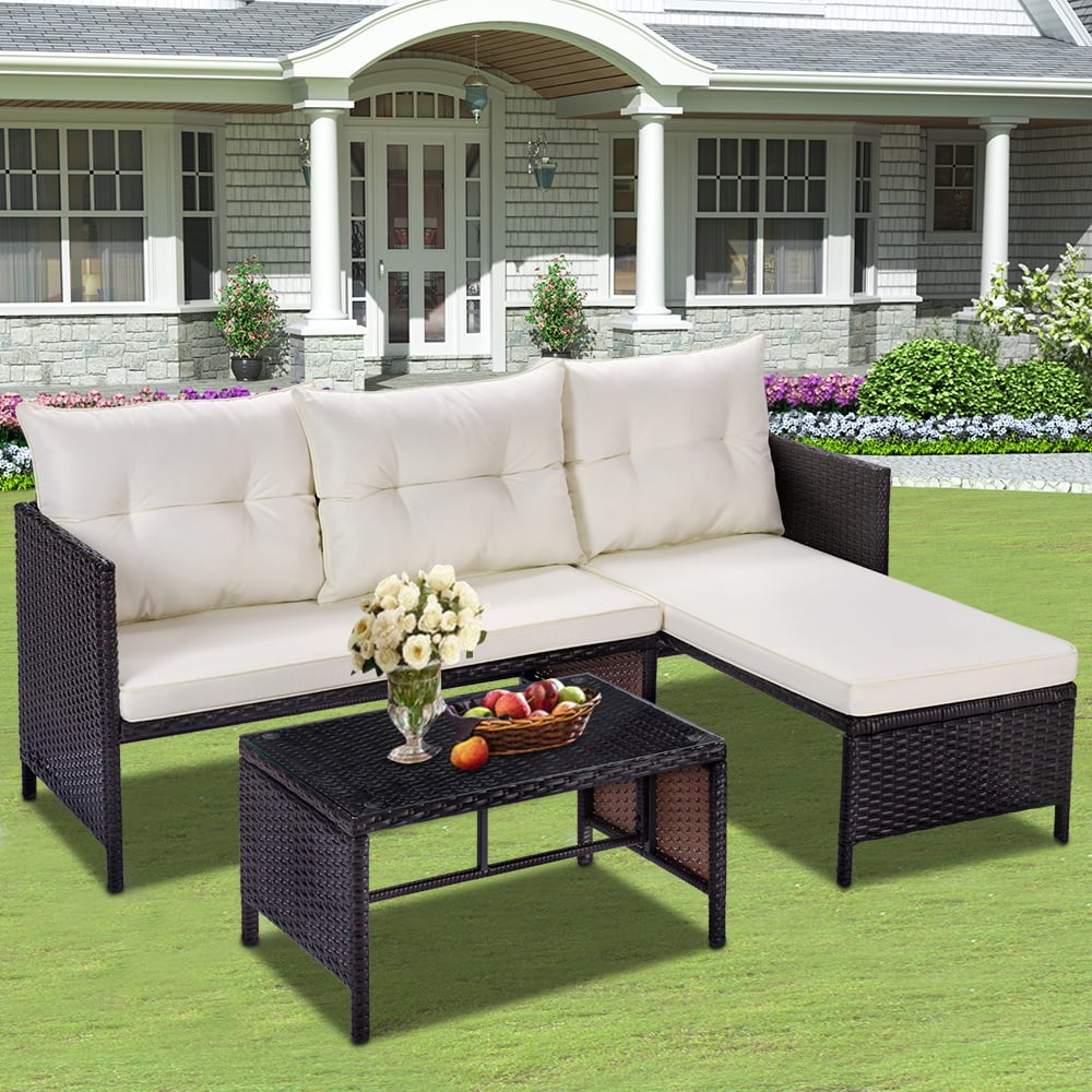 3 Piece Patio Furniture Set, All-Weather Outdoor Sectional Sofa Set, PE Rattan Conversation Set with Table & Cushions, Wicker Furniture Couch Set for Patio Deck Garden Poolside Yard
