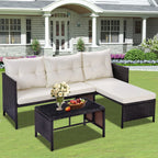 3 Piece Patio Furniture Set, All-Weather Outdoor Sectional Sofa Set, PE Rattan Conversation Set with Table & Cushions, Wicker Furniture Couch Set for Patio Deck Garden Poolside Yard