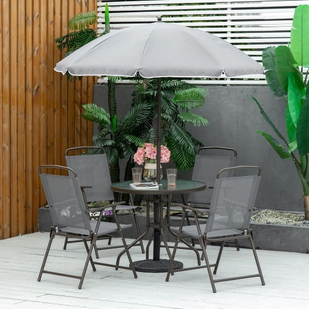 5 Piece Patio Dining Set with Umbrella, Outdoor Dining Set for 4 with 4 Folding Chairs and Round Tempered Glass Table, Backyard Garden Poolside Patio Furniture, Gray