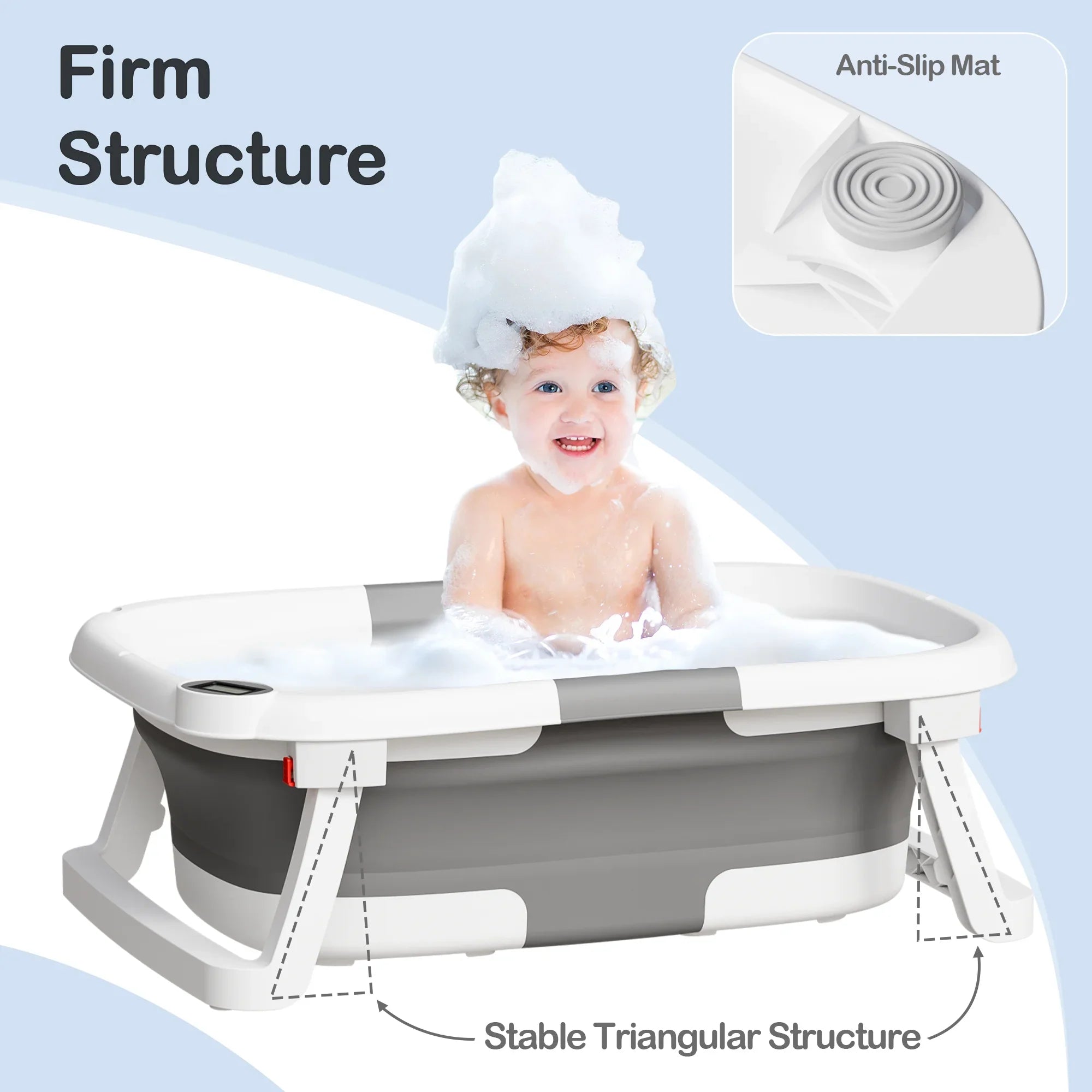 Aprpink Foldable Baby ‎Bathtub PP+TPE with Soft Cushion&Thermometer for 0-36 Months Toddler Gray