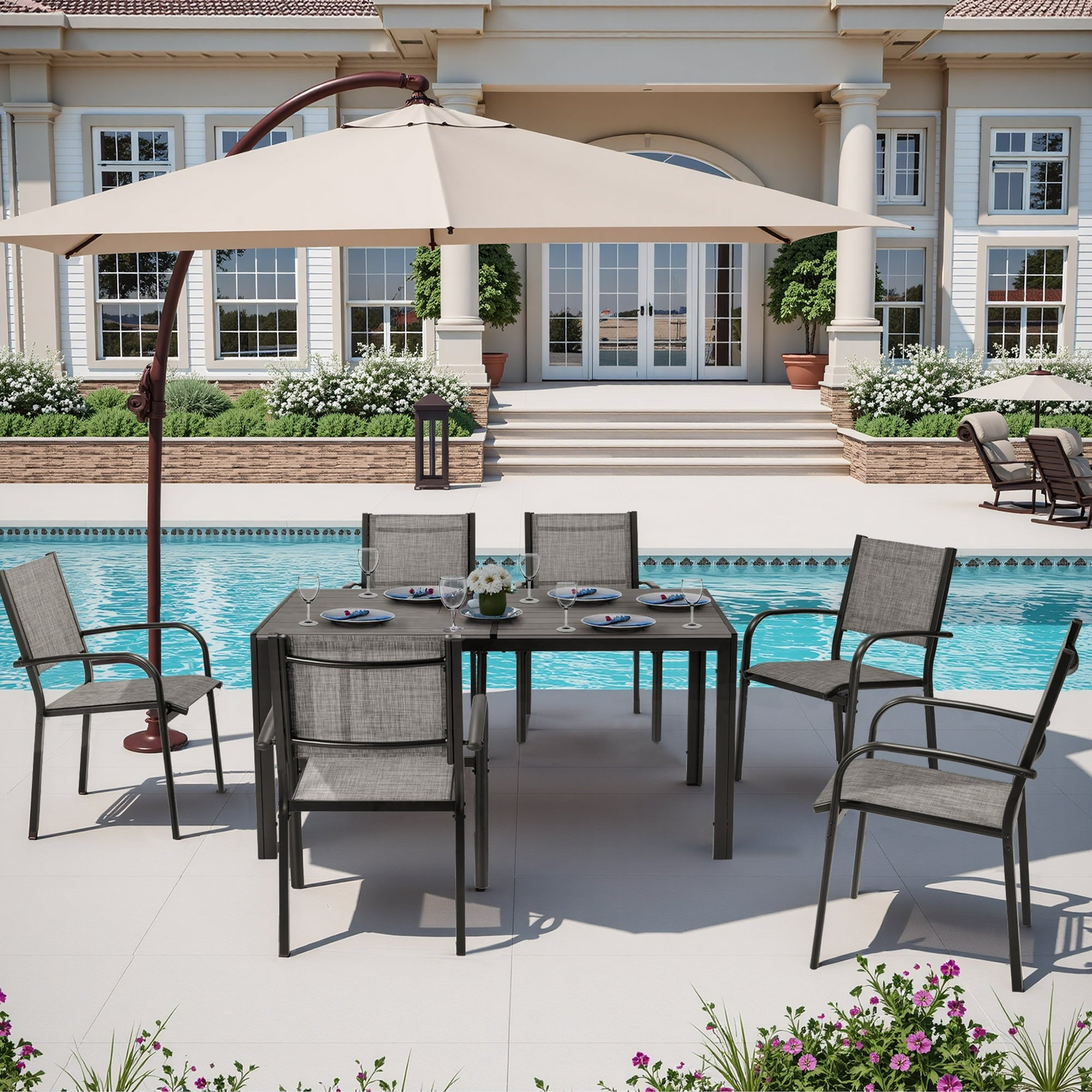 Patio Dining Set, 7PCS Outdoor Plastic-Wood Table & Textilene Chairs Set, Outdoor Furniture Dining Table Set, Garden Porch Backyard Poolside Sectional Conversation Set